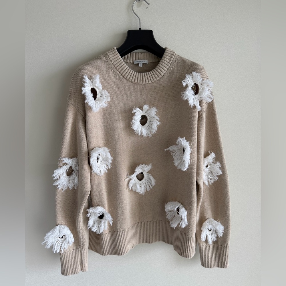 Lafayette 148 New York Feather Fringe Crochet Silk-Blend Sweater Women's Beige S - Picture 4 of 16